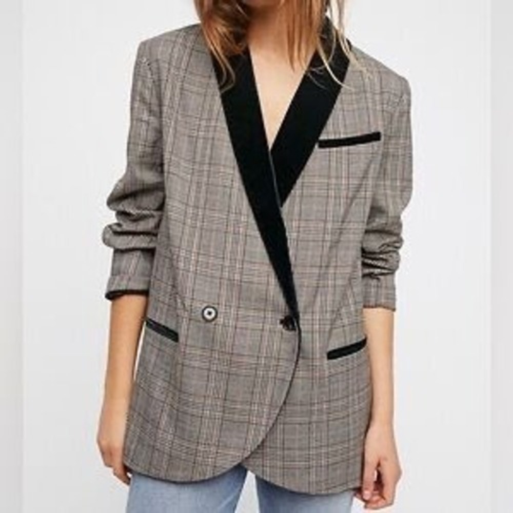 Free People Plaid Blazer with Black Trim